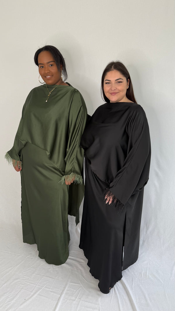 Ensemble haut et jupe en satin à plume (choisir la longueur) Création