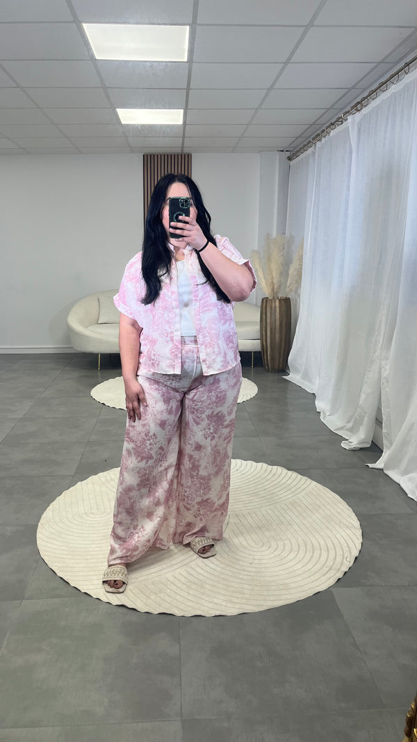 Ensemble chemise & pantalon rose en lin