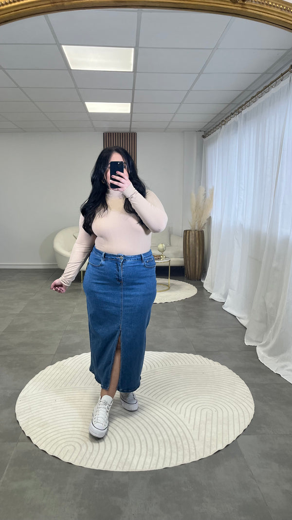 Jupe en jeans bleu à fente