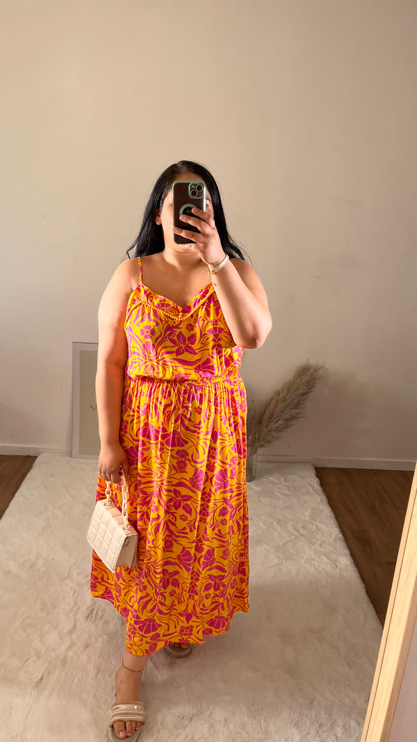 Robe à bretelles rose & jaune